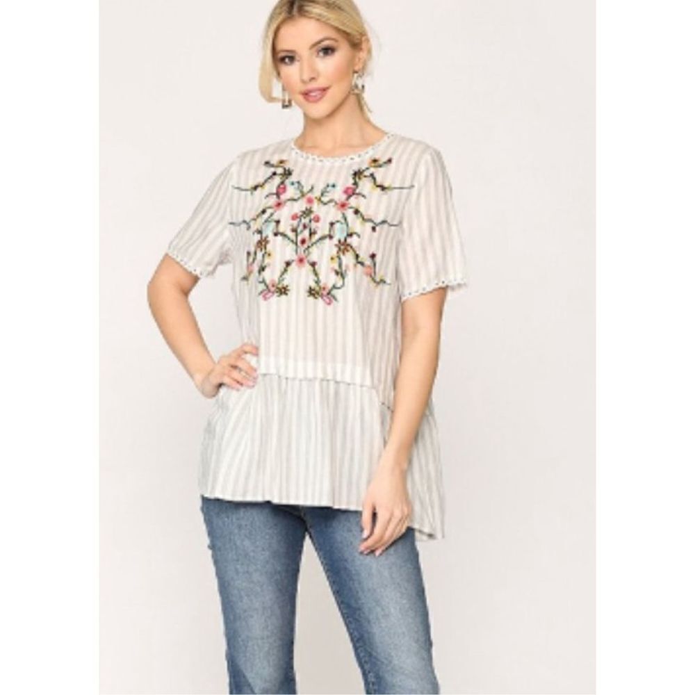 BluHeaven by UMGEE BOUTIQUE Blue striped floral embroidery rayon loose tunic top